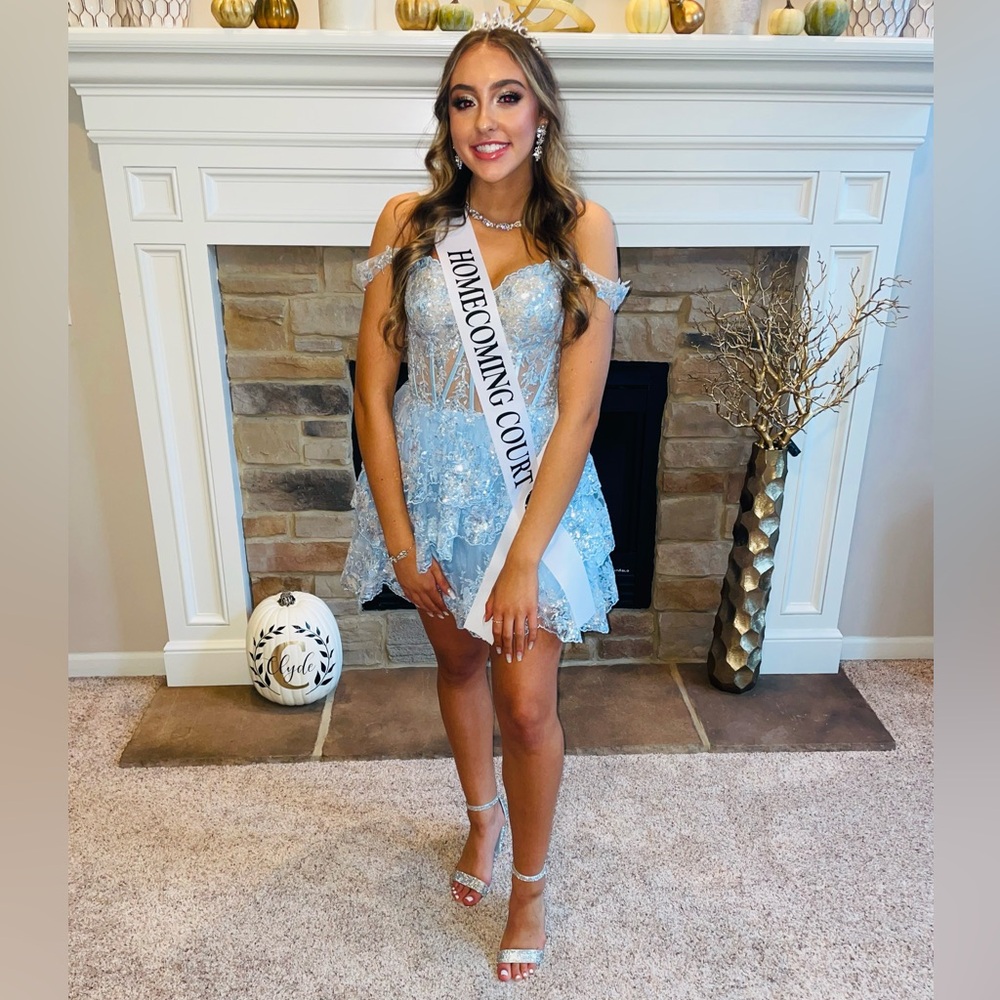 Sherri Hill Sky Blue Off-Shoulder Mini Dress